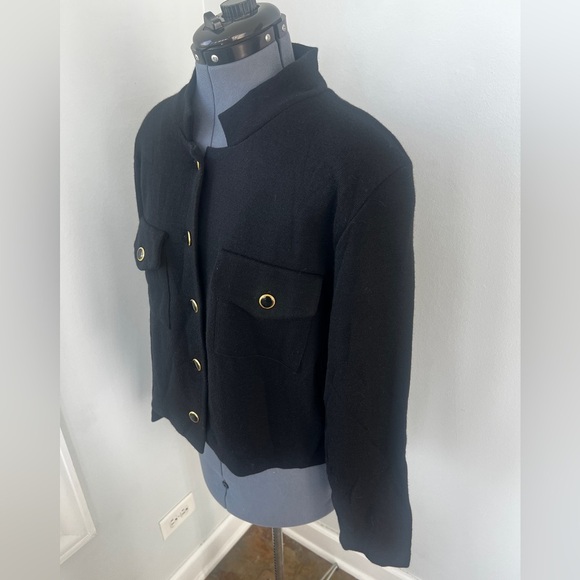 Vintage Sz L CW Clifford & Willis Black Wool Knit Mandarin Jacket Blazer Classic - Picture 4 of 16